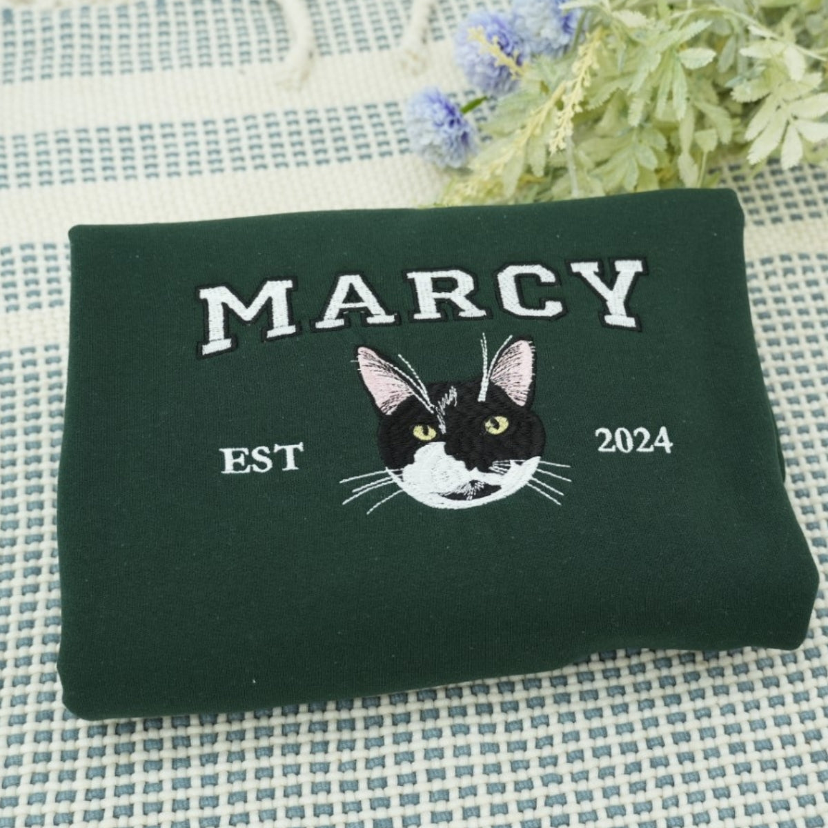 Cat Portrait Custom Hoodies - Pet Face Varsity Embroidered Sweatshirts - Personalized Cat Parent Gift - Image 2