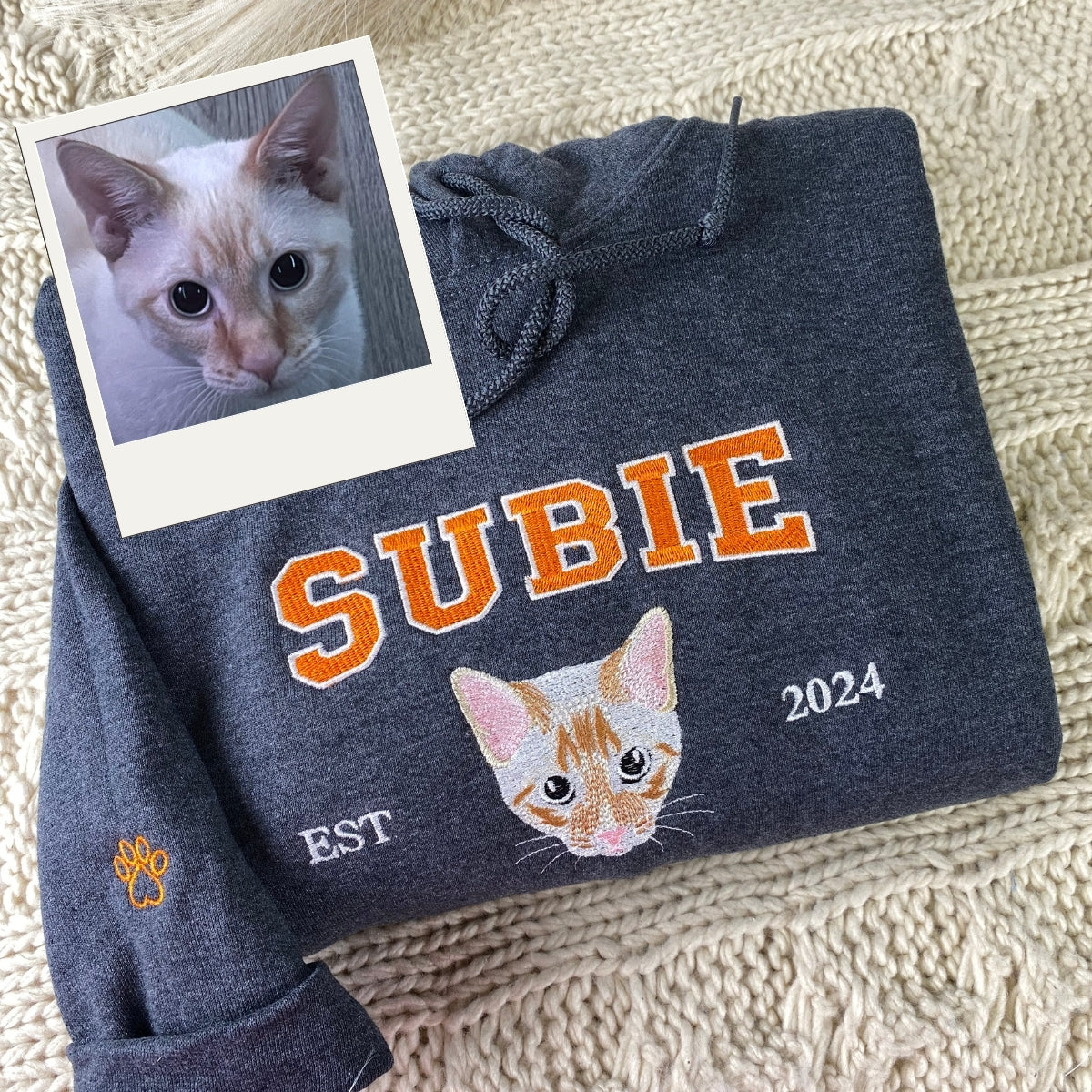 Custom Cat Est Year Hoodies - Personalized Pet Portrait Varsity - Cat Anniversary Commemoration Apparel - Image 2