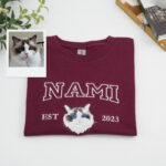 Custom Cat Portrait T-Shirts - Personalized Pet Face Embroidered Varsity Style - Cat Memorial Gift
