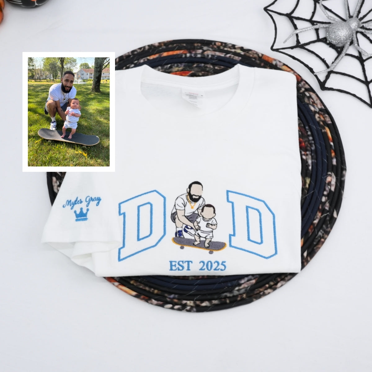 Custom Dad Portrait T-Shirts - Father Son Embroidered Varsity Apparel - Perfect Father's Day Gift - Image 1