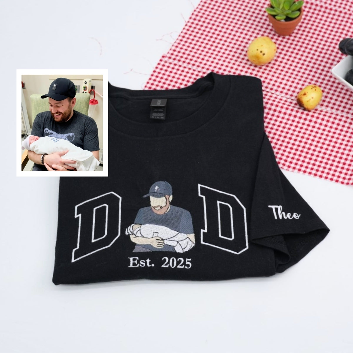 Custom Dad Portrait T-Shirts - Father Son Embroidered Varsity Apparel - Perfect Father's Day Gift - Image 5