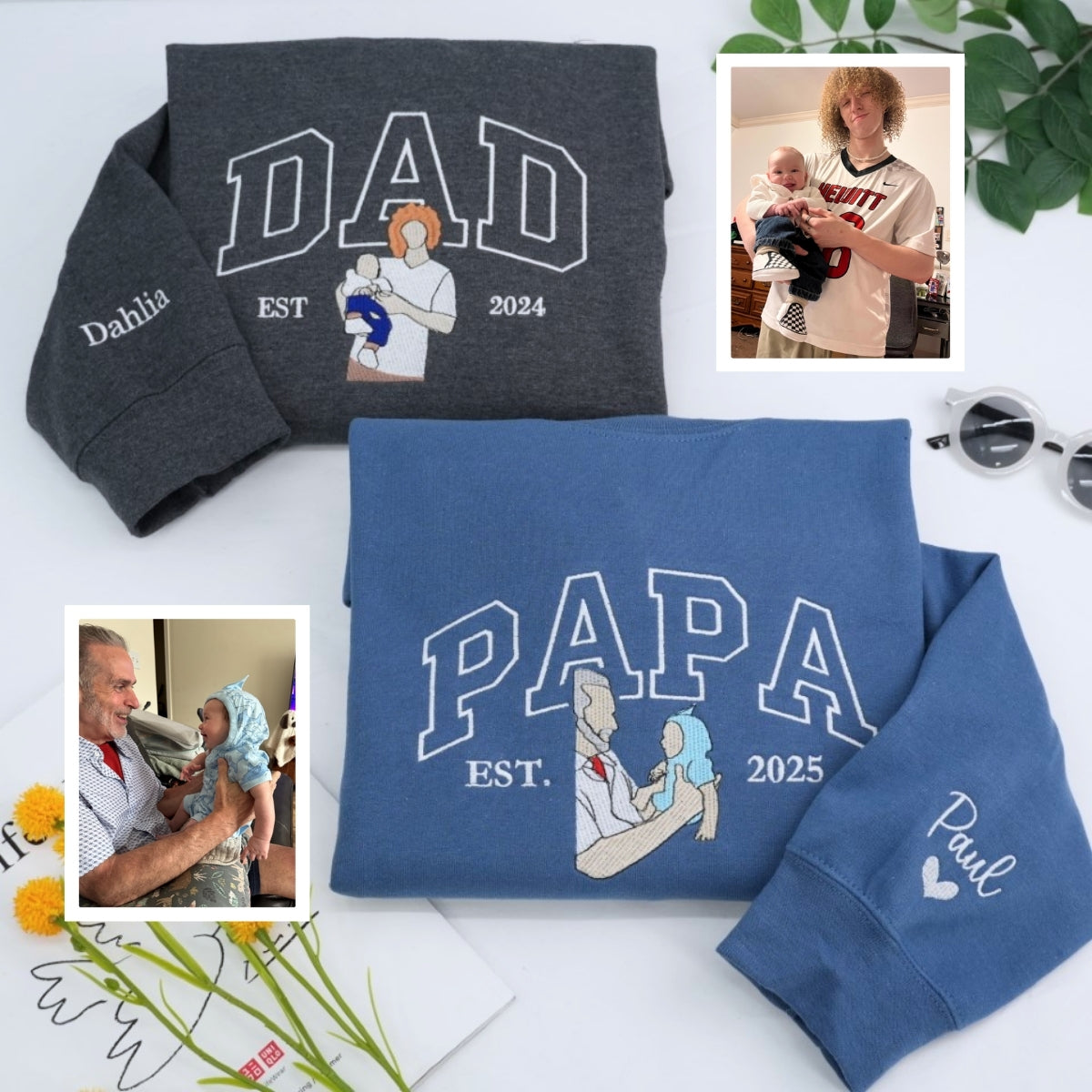 Father Portrait Hoodies - Custom Dad Embroidered Sweatshirts with Name - Father's Day Gift - Image 8