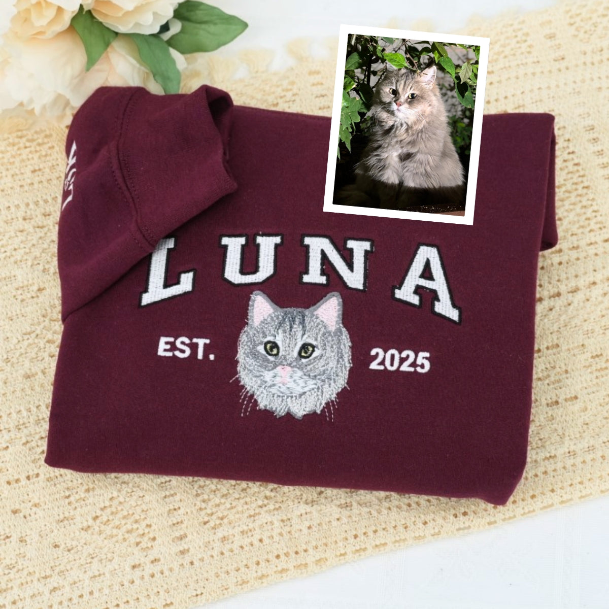 Personalized Cat Varsity Hoodies - Custom Pet Portrait University Style - Cat Mom Dad Sweatshirts - Image 1