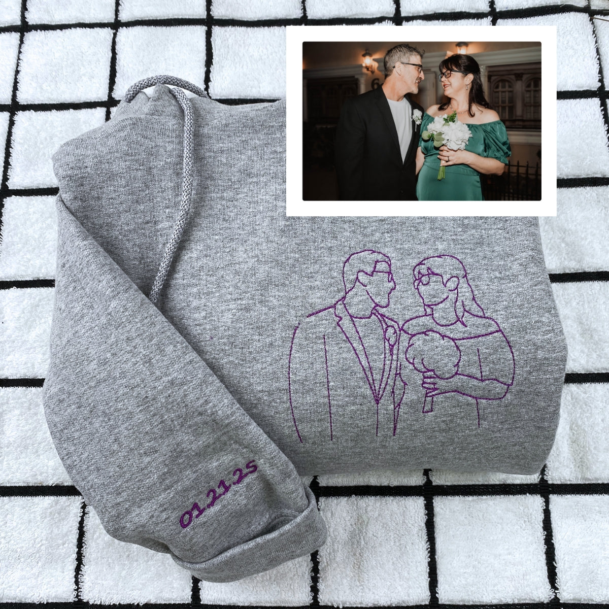 Personalized Picture Outline Embroidered Hoodie Sweatshirt, Portrait Photo Couple Outline Sweatshirt, Custom Line Art Photo Hoodie - Image 1